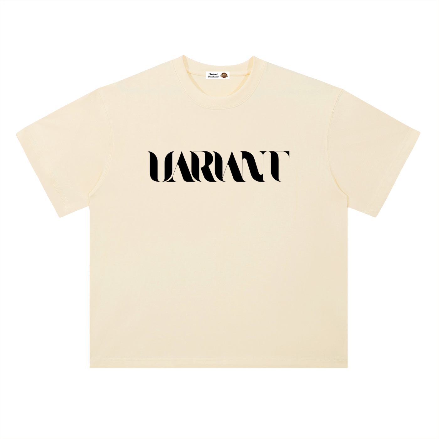 A cream-colored short-sleeve t-shirt with the word 'VARIANT' printed across the chest in a bold, black stylized font, displayed on a clean white background.