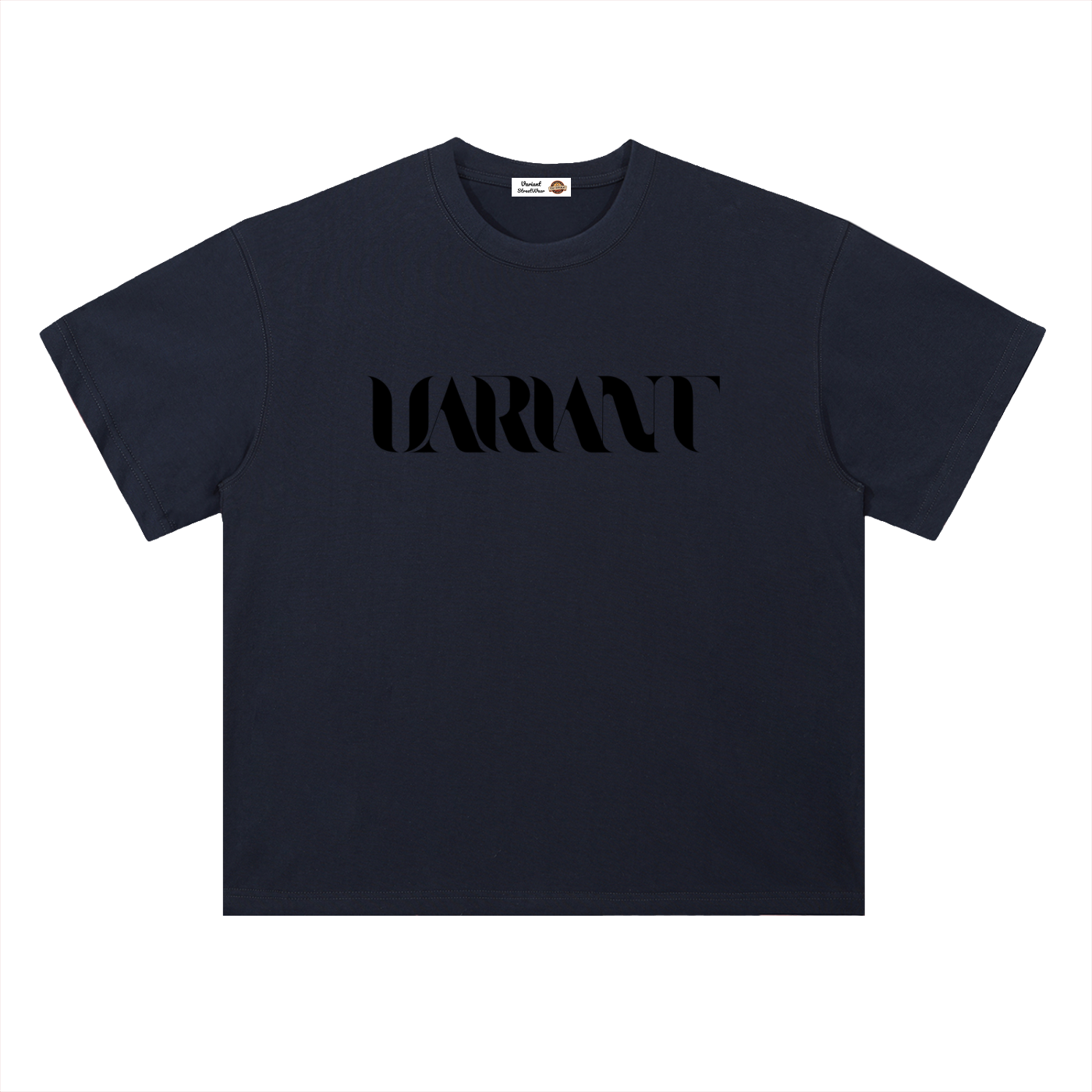 A Navy-colored short-sleeve t-shirt with the word 'VARIANT' printed across the chest in a bold, black stylized font, displayed on a clean white background.