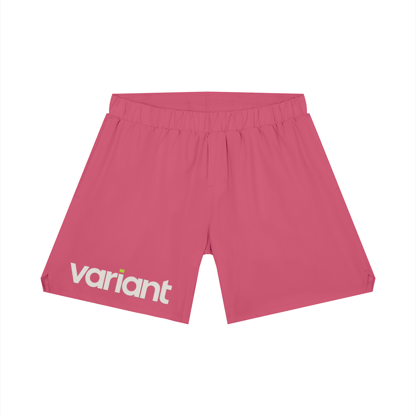 Pink athletic shorts with an elastic waistband and a white 'variant' logo printed on the lower left leg, shown against a plain white background.